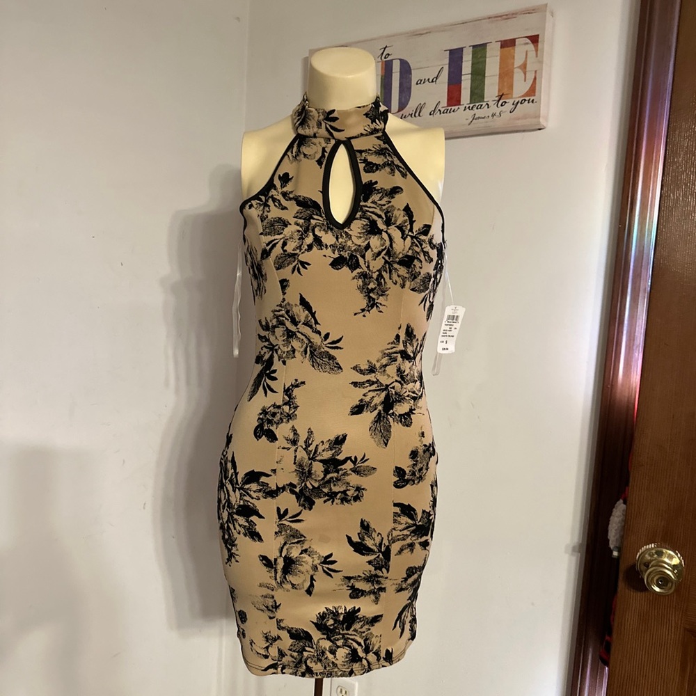 Floral Halter Neck Dress - Black and Tan